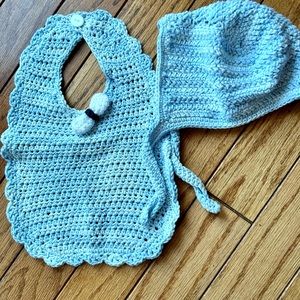 Hand knit bib and bonnet